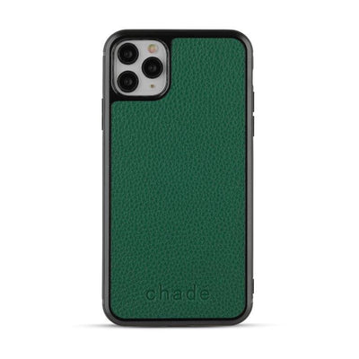 Iphone11 Pro Max Pebble Leather Backed case in Emerald Green backview