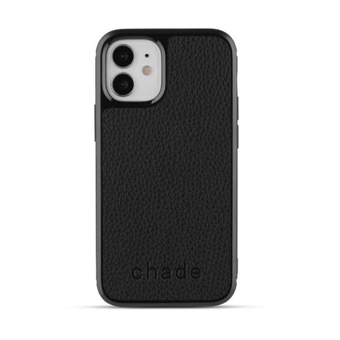 Iphone12 Pebble Leather Backed case in Black Pearl backview